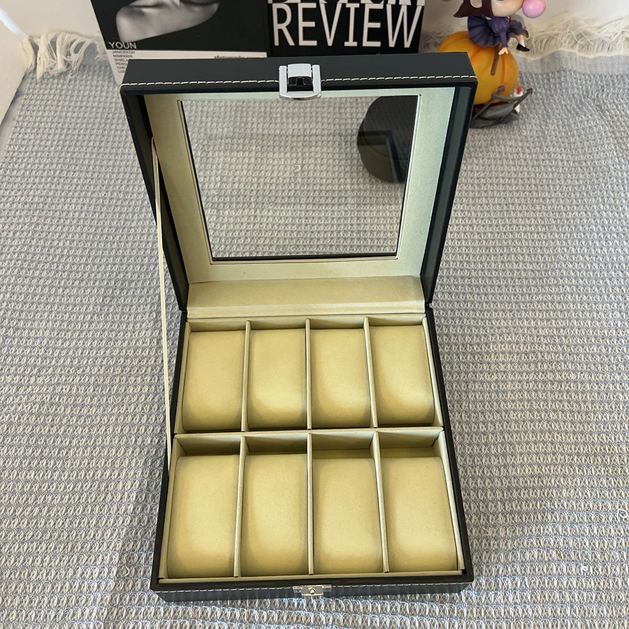 6/8/20-Slot PU Leather Watch Box with Glass Lid, Traditional Style Watch Storage Organizer with Lock, Durable Jewelry Display Case for Watches, Bracelets, Rings, and Accessories 4