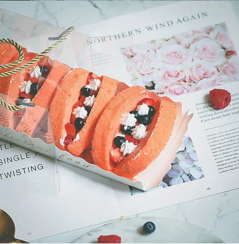 1PCS Transparent Cake Box with Handle, Clear Plastic Portable Cupcake, Swiss Roll, Dessert Container Holder, PET Gift Packaging Box, Long Roll Cake Carrier for Parties, Baking, and Gifting