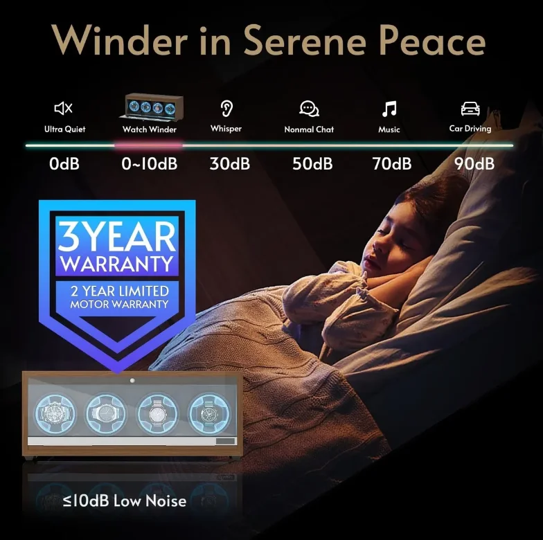 Automatic Watch Winder Box for Luxury Timepieces with 4 Slots, Ultra Quiet Japanese Motor, LED Blue Light, 6 Rotation Modes, Black Walnut Finish, PU Interior, Cover Stop Sensor, AC Adapter and Accessories 5