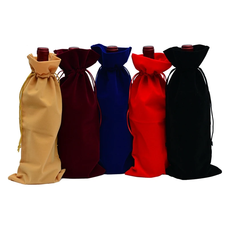 Luxury Velvet Red Wine Bottle Bag with Drawstring – 15×35cm Flannel Gift Pouch for Wedd... - SKU WBBD1532 - UGI Packaging