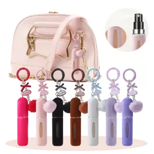 New Plush Perfume Keychain Bottle 5ML Refillable Mini Atomizer with Charger Base, Cute Soft Hanging J-Shape Key Ring Travel Spray Container for Women, Portable Sub-Bottling Cosmetic Perfume Holder