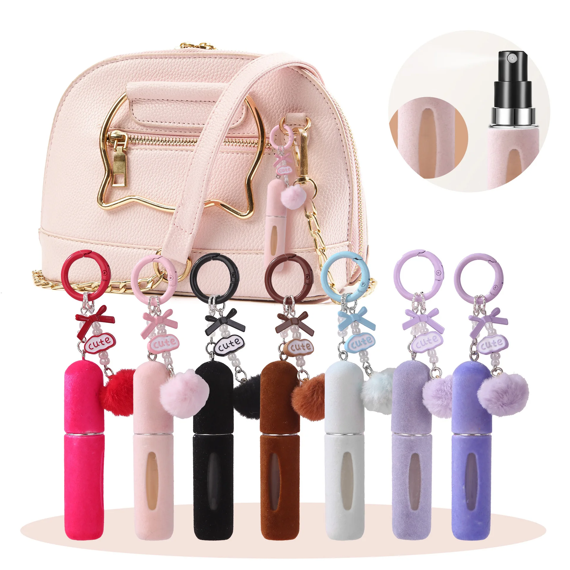 New Plush Perfume Keychain Bottle 5ML Refillable Mini Atomizer with Charger Base, Cute Soft Hanging J-Shape Key Ring Travel Spray Container for Women, Portable Sub-Bottling Cosmetic Perfume Holder