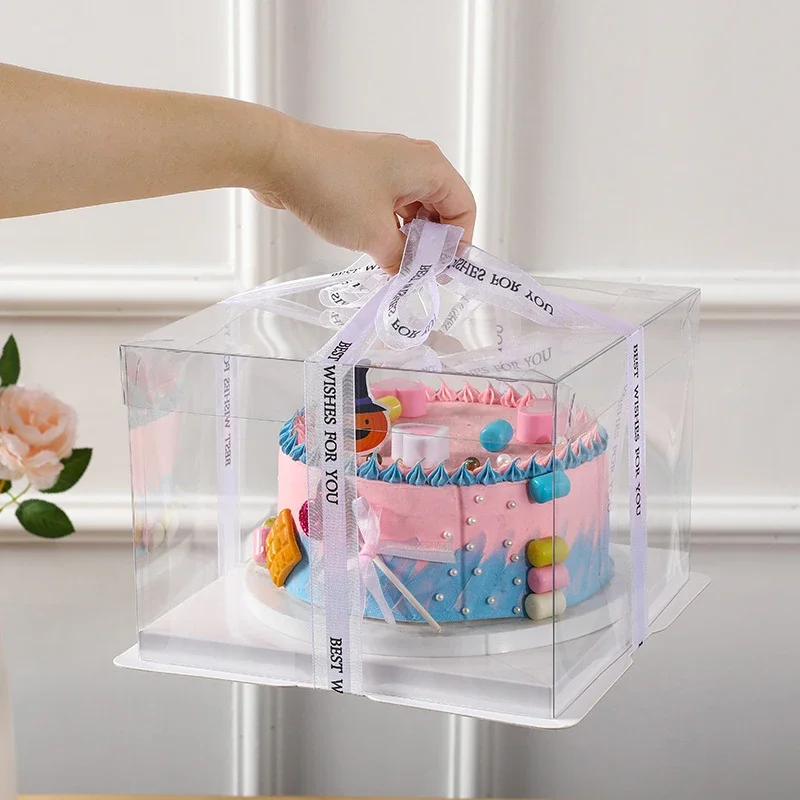 5-Piece Large Square Transparent Cake Boxes for Birthday Gifts, Baking, Dessert Packaging, PVC Plastic Dessert Display, Party Supplies, Customizable for Bakery, Restaurant, Home Celebration - 图片 2