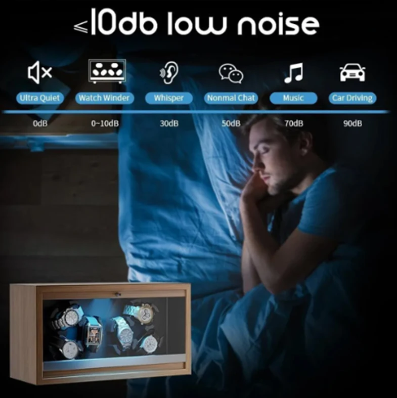 Automatic 6-Slot Watch Winder Box with Blue LED Light, Black Walnut Finish, Soft Memory Foam Pillows, Lid Sensor, Six Rotation Modes, Super Quiet Japanese Motor, PU Interior, AC Adapter Included, Ideal Gift for Luxury Watches 6