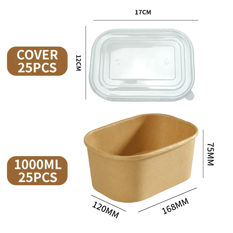 25-Pack Kraft Paper Lunch Box Bowls with Lids Disposable Square Food Containers for Salads Fast Food Bento Meals Takeout Microwave-Safe Food Storage Containers 500ml-1000ml - 图片 12