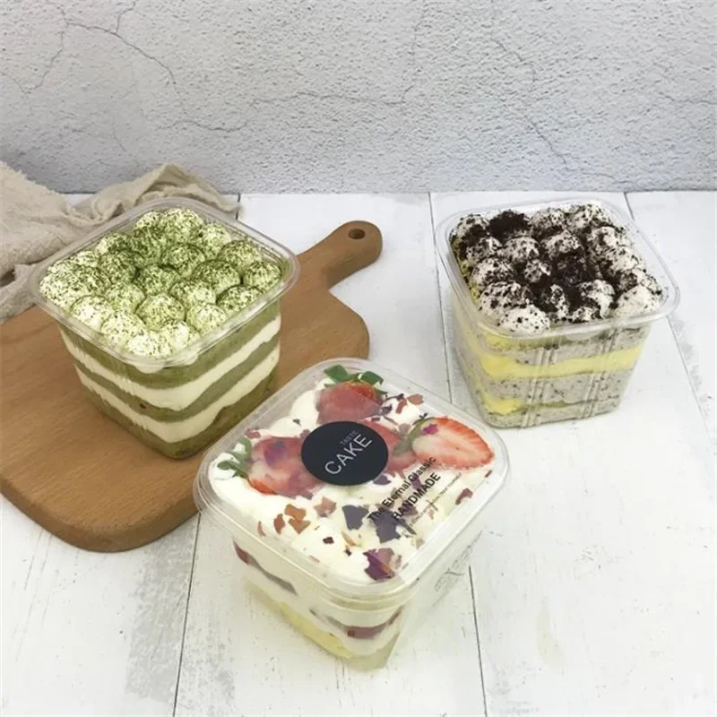 50 Sets Clear PET Cupcake Boxes 400ml / 300ml Disposable Dessert Containers Square Plastic Cake Mousse Packaging Box for Wedding Birthday Baby Shower Party Favors Supplies 4