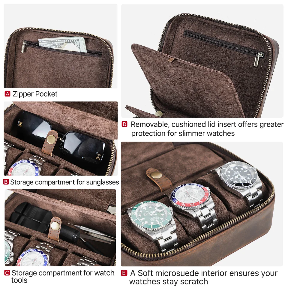 Travel Watch Organizer | Premium Retro Genuine Leather Travel Organizer for Watches, Sunglasses and Jewelry with Soft Velvet Lining, Multi-slot Storage Box, Elegant Gift Case for Men and Women, Portable and Durable Luxury Design 8
