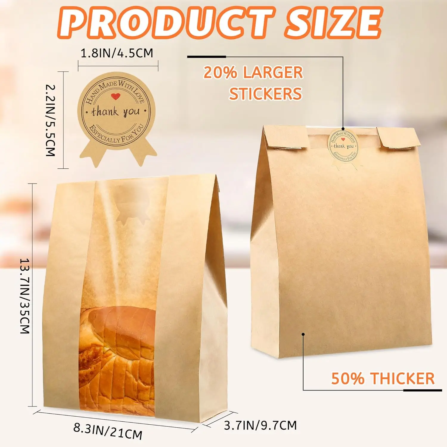 50PCS Kraft Paper Bread Bags with Window, Tear-Resistant Sourdough Bakery Bag with Cute Sealing Stickers, Oil-Proof Moisture-Proof Food Storage Bags for Cookies, Snacks, Sandwich, Cafe, Party and Home Baking - 图片 2