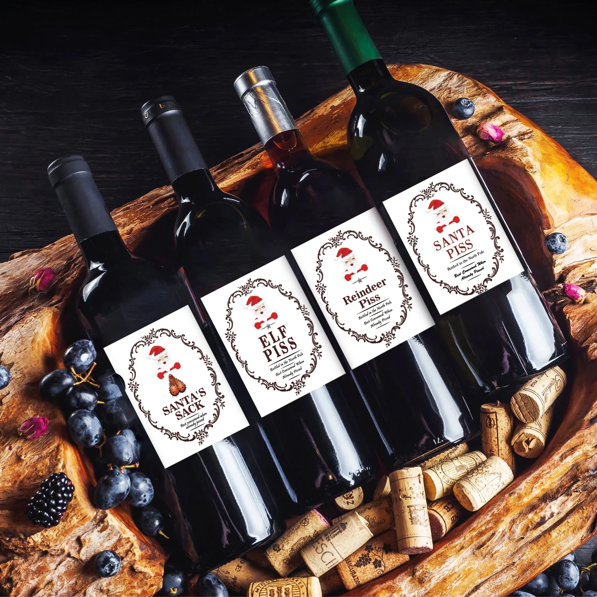 5-Pack Funny Santa Claus Christmas Wine Bottle Stickers – Self-Adhesive Holiday Wine Labels with Novelty Joke for Party Decor, Gifts, and Festive Celebration - 图片 4