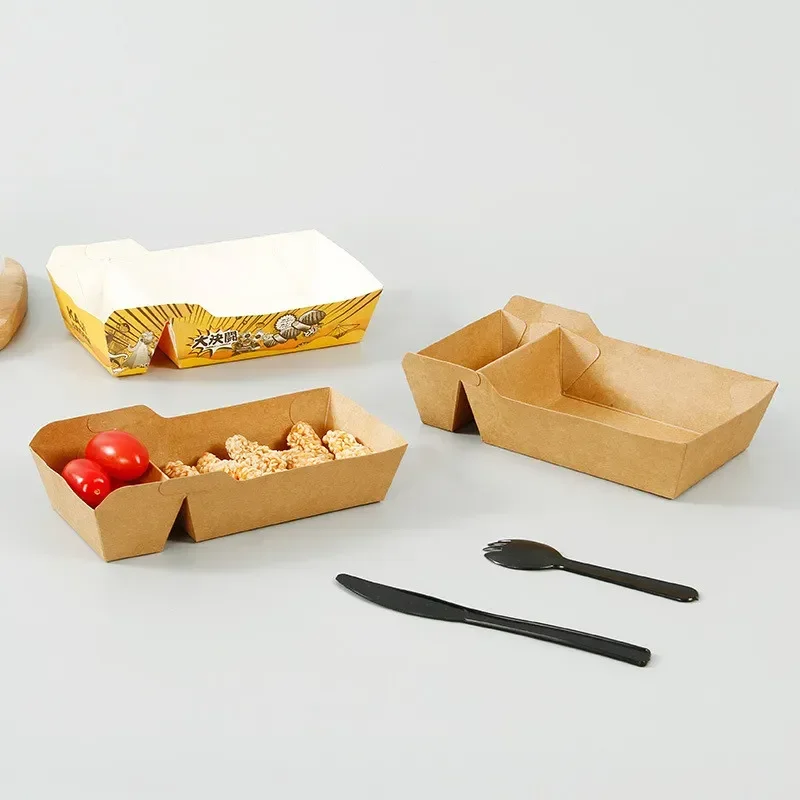 50pcs Disposable Kraft Paper Food Serving Trays with Dual Compartments, Eco Friendly Snack Boxes for French Fries, Chicken, Salad, Nachos, Desserts, Takeout and Party Catering Supplies 1