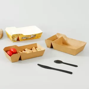 50pcs Disposable Kraft Paper Food Serving Trays with Dual Compartments, Eco Friendly Snack Boxes for French Fries, Chicken, Salad, Nachos, Desserts, Takeout and Party Catering Supplies