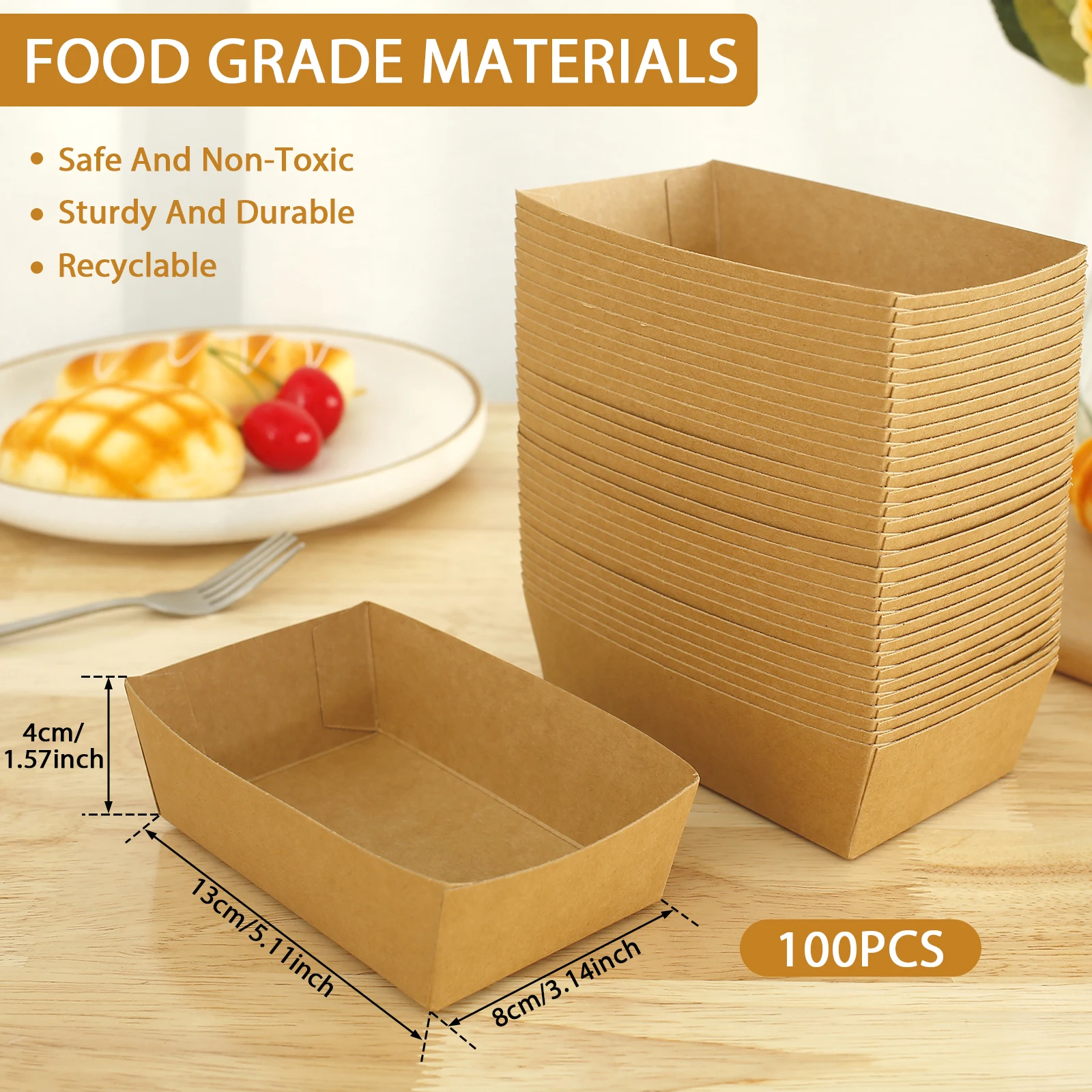 100Pcs Brown Paper Food Boxes, Oil-Proof Disposable Food Trays, Recyclable Boat-Shaped Takeout Boxes for French Fries, Burgers, Snacks, Party, Picnic, and Camping - 图片 5