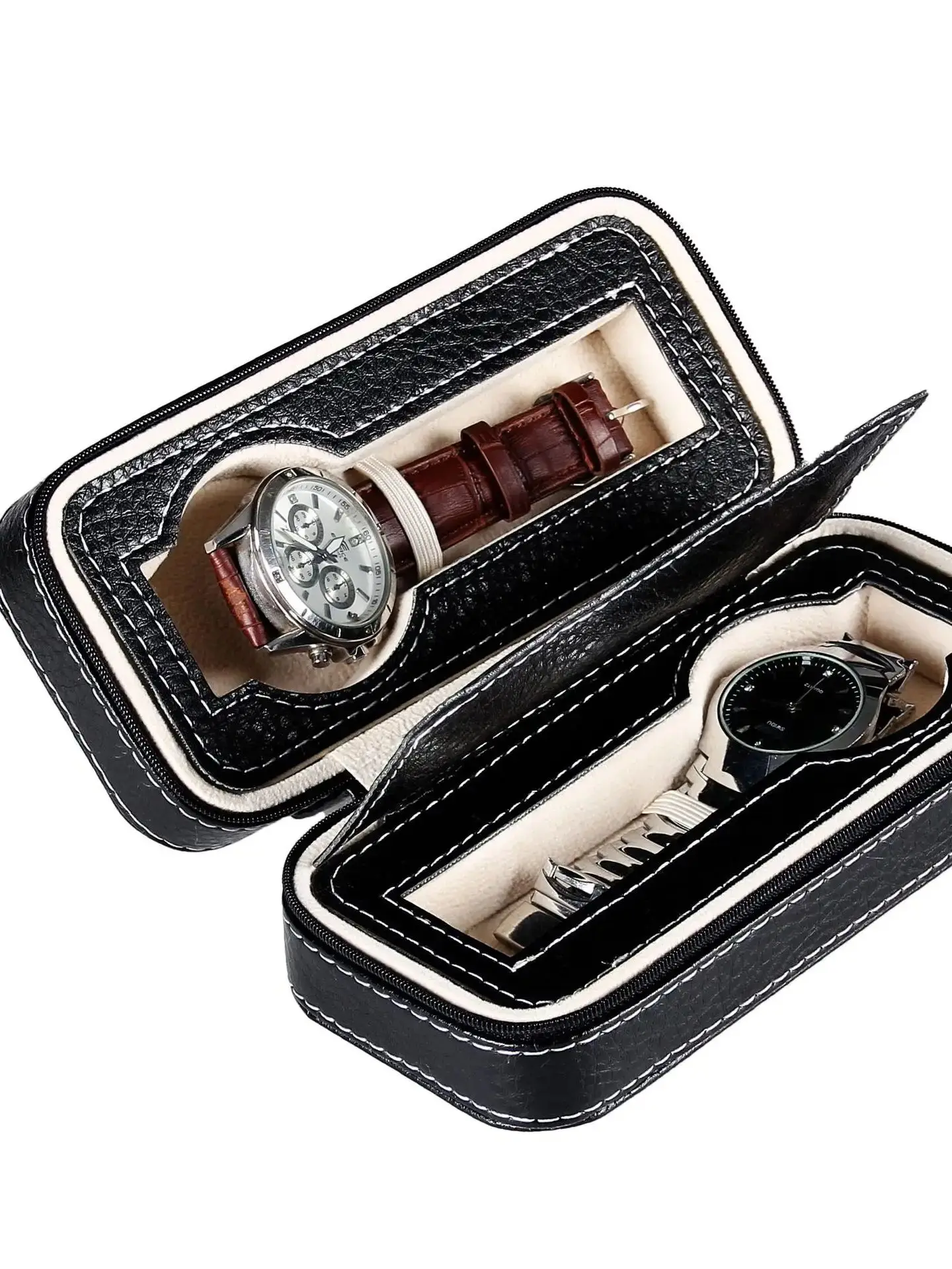Travel Watch Organizer | Portable Leather Watch Case with Zipper Closure, Lightweight 2/3/4 Slot Organizer for Travel or Home Storage, Protective Black/Brown Watch Box, Ideal Gift for Men & Women, Elegant Wristwatch Display, Travel Watch Holder - 图片 12