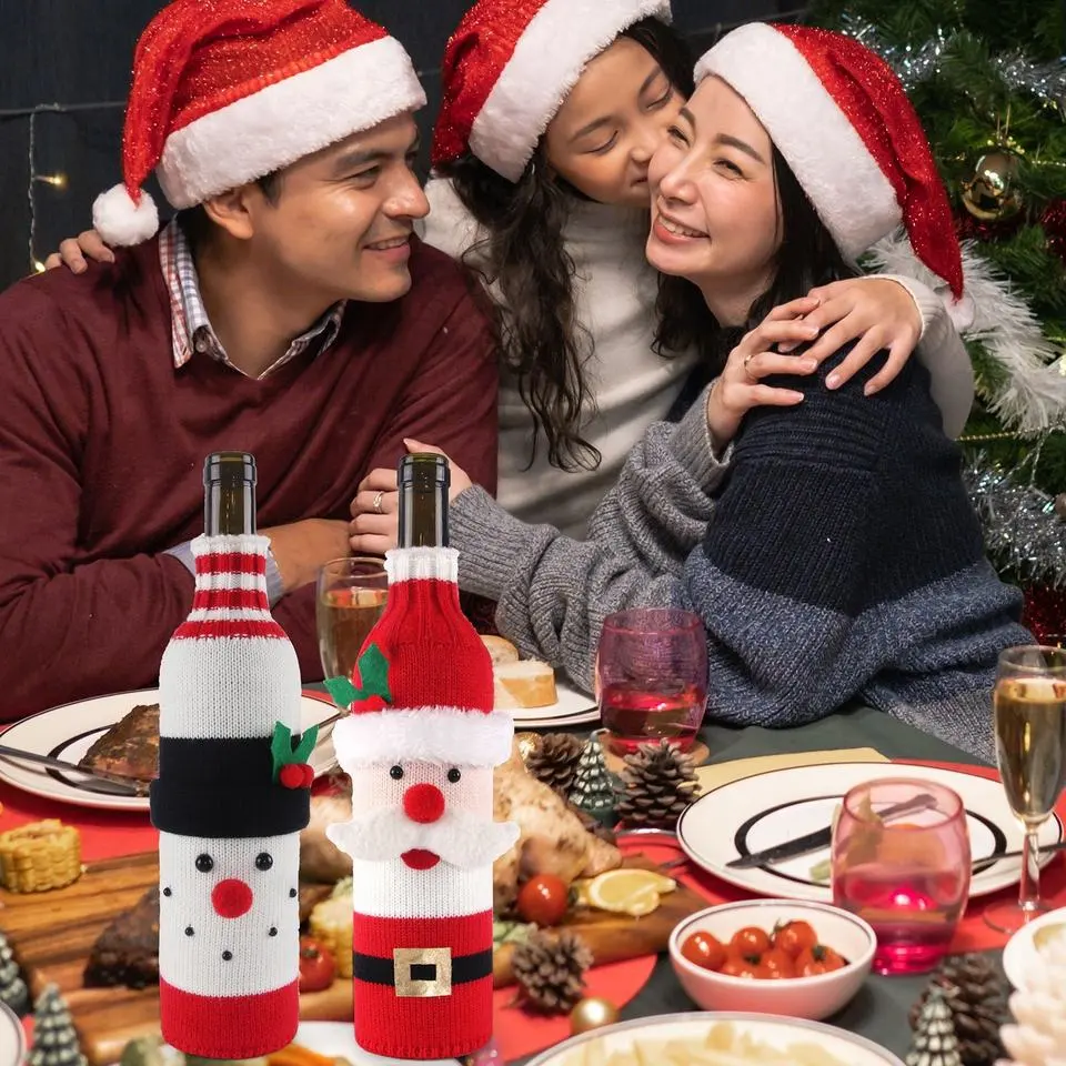 Christmas Sweater Wine Bottle Covers Set – 3/5/10PCS Knitted Santa & Snowman Bottle Bags, Reusable Holiday Decoration for Party, Dinner Table, Restaurant, Coffee Shop, Gift for Wine Lovers 4