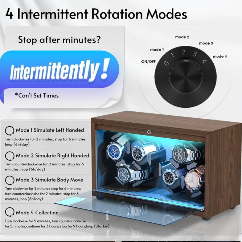 Automatic 6-Slot Watch Winder Box with Blue LED Light, Black Walnut Finish, Soft Memory Foam Pillows, Lid Sensor, Six Rotation Modes, Super Quiet Japanese Motor, PU Interior, AC Adapter Included, Ideal Gift for Luxury Watches 7