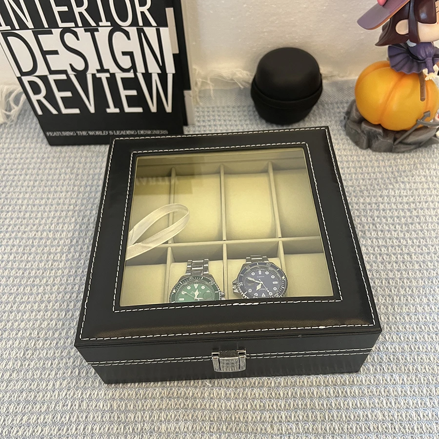 6/8/20-Slot PU Leather Watch Box with Glass Lid, Traditional Style Watch Storage Organizer with Lock, Durable Jewelry Display Case for Watches, Bracelets, Rings, and Accessories 6