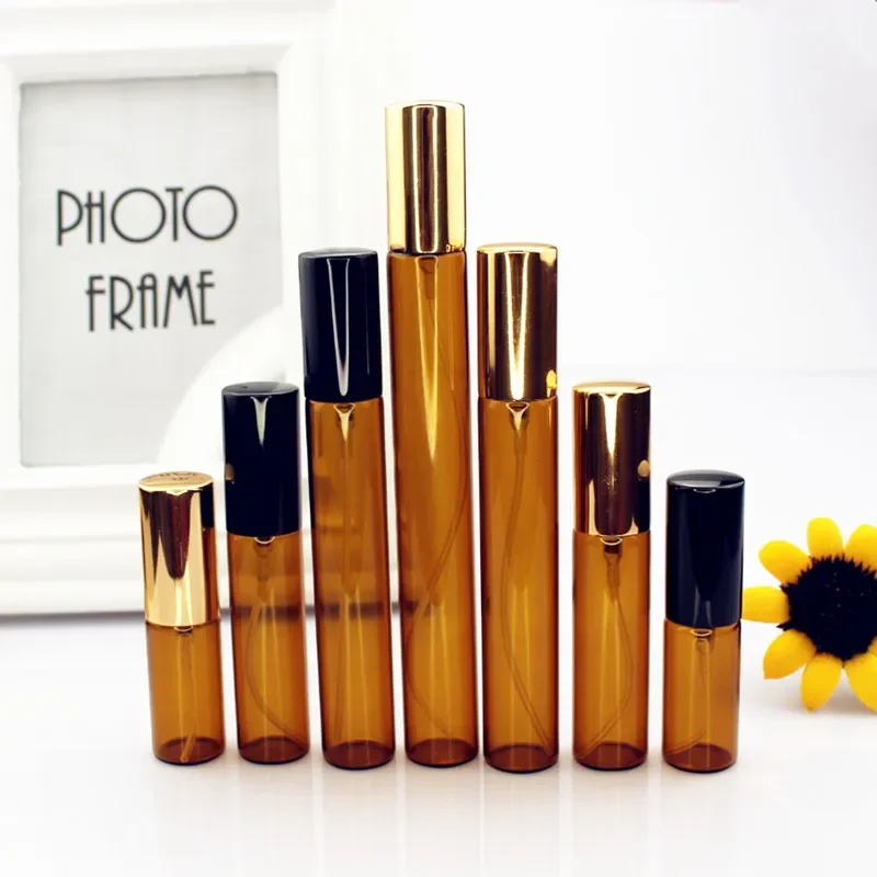 5pcs/lot Amber Glass Mini Spray Bottles, 5ML 10ML 15ML 20ML Portable Refillable Thin Glass Vials with Gold/Silver Cap, Sample Atomizer Containers for Travel, Essential Oils, DIY Liquids