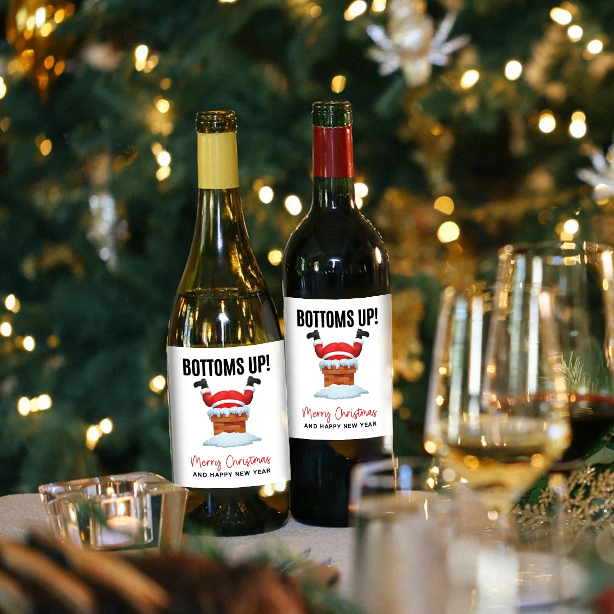 6PCS Christmas Wine Bottle Labels – Waterproof Self-Adhesive Vinyl Stickers with Funny Santa Claus & Holiday Greetings, Perfect for Xmas Party Decorations, Gift Wrapping, New Year Celebration Supplies