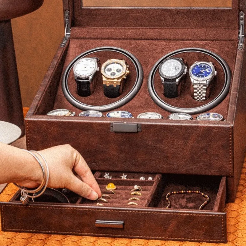 Luxury 4+6 Automatic Watch Winder Box, PU Leather and MDF Jewelry Organizer, Silent Motor Rotation, Multiple Modes, USB-C Power, Elegant Display Case for Mechanical Wristwatches, Men and Women Gift - 图片 3