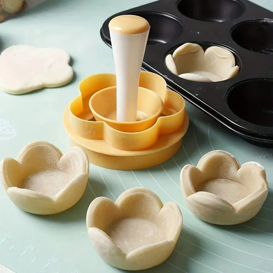 Flower-Shaped Pastry Dough Tamper & Cutter Set – Creative Cake, Cup, Biscuit, and Pie Mold Tool for DIY Baking, Cake Decorating, Cookie Making, Tart Shells, and Professional Dessert Shaping