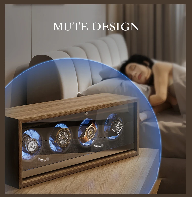 Luxury 4-Slot Automatic Watch Winder Box with High-Precision Japanese Motor, Premium Wooden Construction, Soft Memory Foam Cushions, LED Illumination, Lid Stop Function, Universal AC/USB Powered, Ideal Display Case for Mechanical Watches 9
