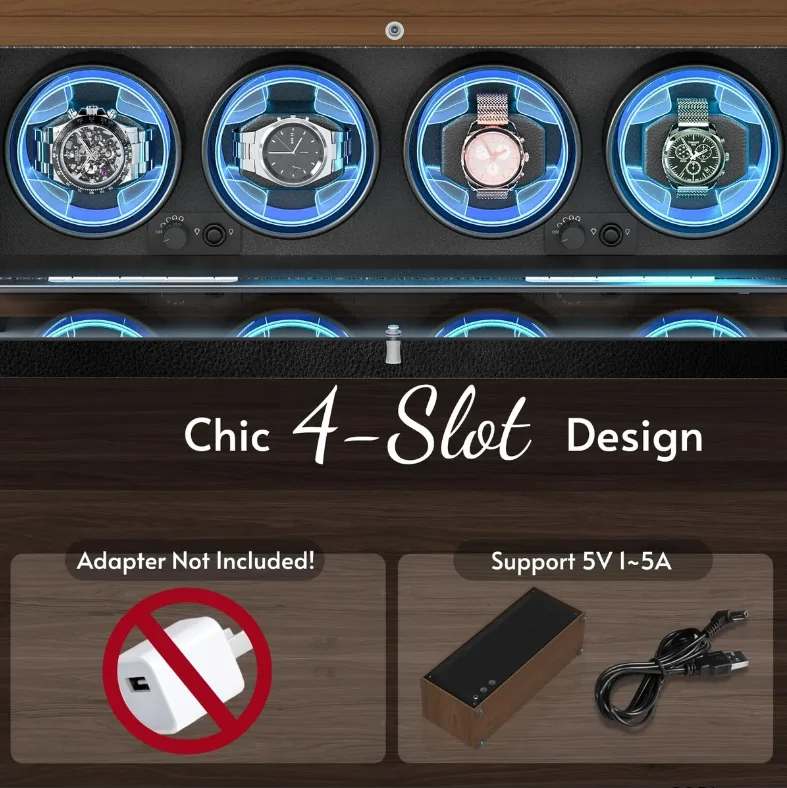 Automatic Watch Winder Box for Luxury Timepieces with 4 Slots, Ultra Quiet Japanese Motor, LED Blue Light, 6 Rotation Modes, Black Walnut Finish, PU Interior, Cover Stop Sensor, AC Adapter and Accessories 4
