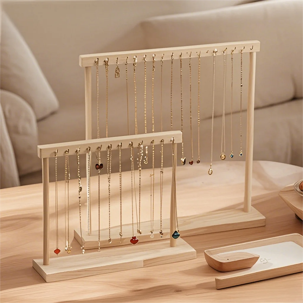 Wooden Jewelry Organizer Display Stand for Necklace, Earrings, and Bracelets – Countertop Chain Hanging Rack Jewelry Storage Display Prop with Velvet Finish for Boutique, Shop, Home Showcase - 图片 3