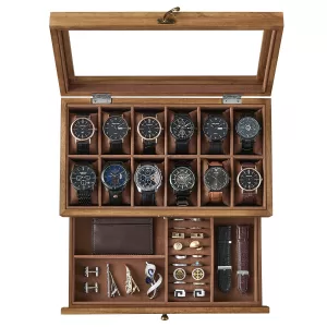 12-Slot Two-Tier Watch and Jewelry Box with Large Glass Lid, Velvet-Lined Compartments, Removable Watch Pillows, Rustic Wooden Display Case for Dresser, Home, and Boutique Storage – Elegant Gift Idea