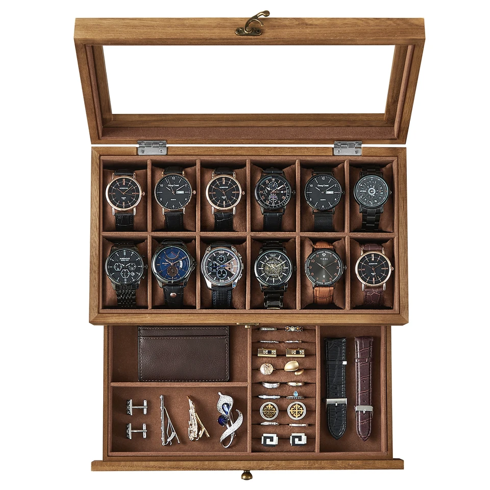 12-Slot Two-Tier Watch and Jewelry Box with Large Glass Lid, Velvet-Lined Compartments, Removable Watch Pillows, Rustic Wooden Display Case for Dresser, Home, and Boutique Storage – Elegant Gift Idea - 图片 7