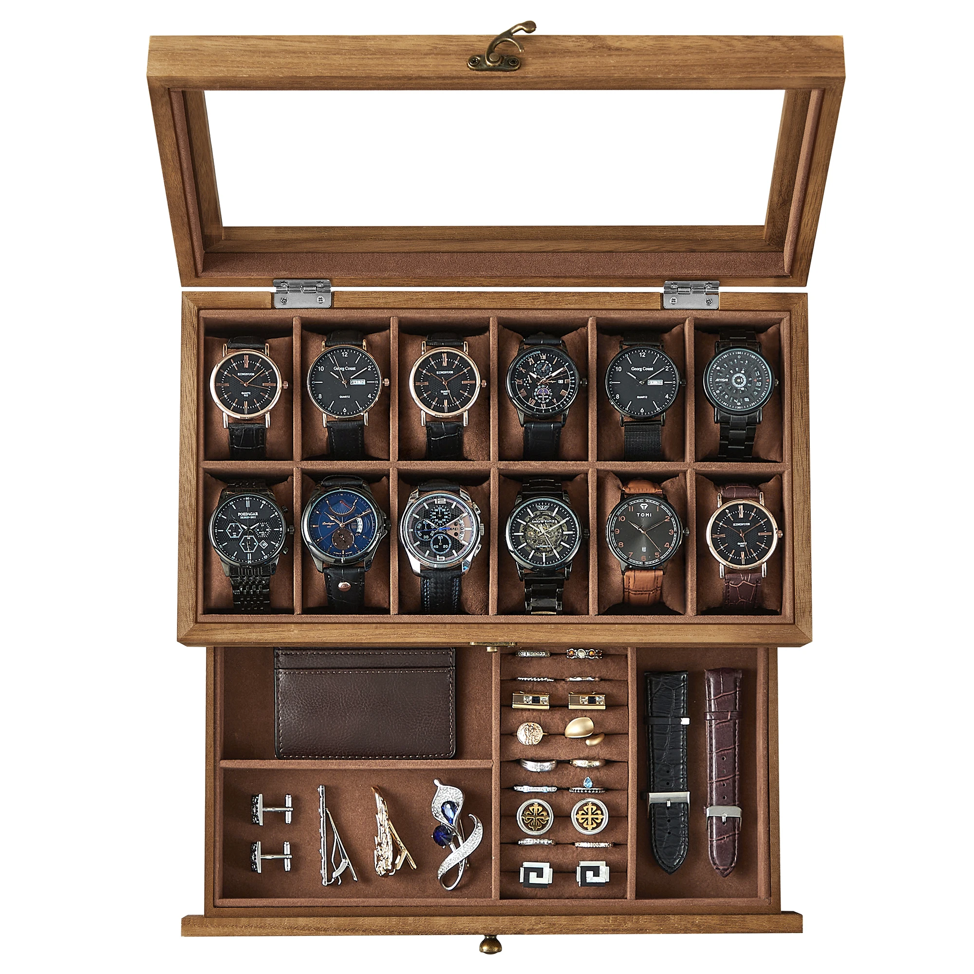 12-Slot Two-Tier Watch and Jewelry Box with Large Glass Lid, Velvet-Lined Compartments, Removable Watch Pillows, Rustic Wooden Display Case for Dresser, Home, and Boutique Storage – Elegant Gift Idea