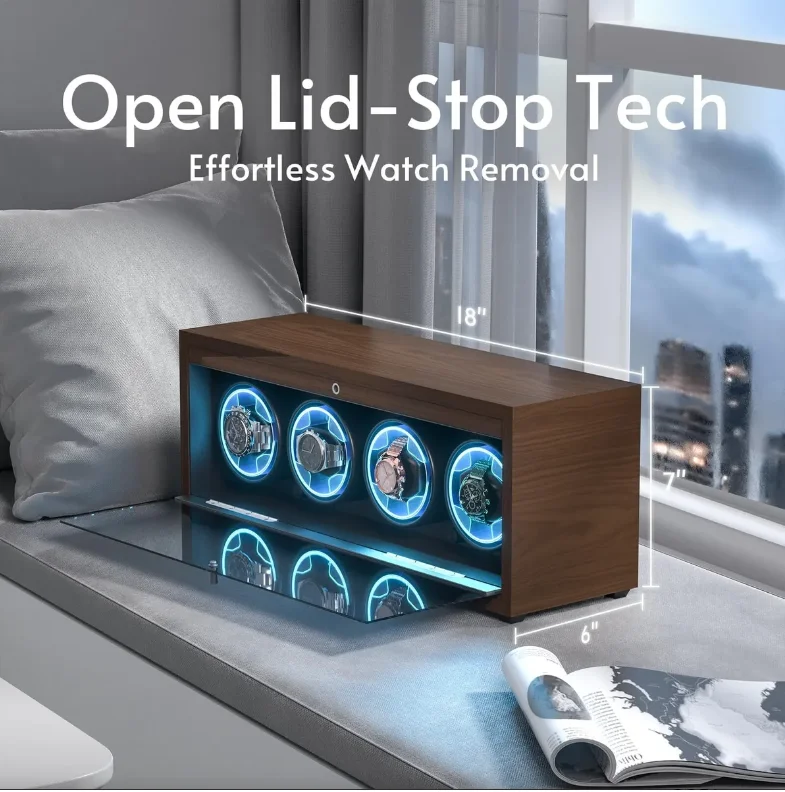 Automatic Watch Winder Box for Luxury Timepieces with 4 Slots, Ultra Quiet Japanese Motor, LED Blue Light, 6 Rotation Modes, Black Walnut Finish, PU Interior, Cover Stop Sensor, AC Adapter and Accessories 1