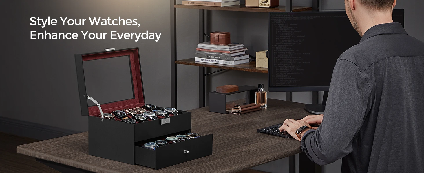 20-Slot Two-Layer Watch Box with Lockable Glass Lid, Velvet-Lined Watch Display Case, Removable Cushions, Medium Density Fiberboard & PU Storage Organizer for Watches and Jewelry, Elegant Home & Office Display