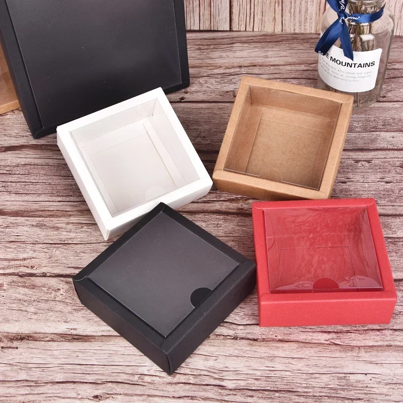 10Pcs Square Kraft Paper Gift Boxes with Frosted PVC Clear Lid, Cardboard Packaging Containers for Candy, Desserts, Soap, Handmade Cosmetics, Wedding and Party Favor Storage Cartons - 图片 3
