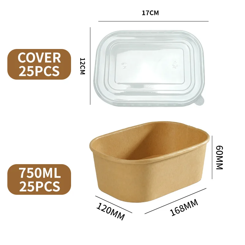 25-Pack Kraft Paper Lunch Box Bowls with Lids Disposable Square Food Containers for Salads Fast Food Bento Meals Takeout Microwave-Safe Food Storage Containers 500ml-1000ml - 图片 11