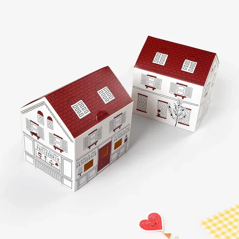 10pcs Cartoon House Shape Candy Box Hand-painted Folding Paper Gift Packaging Box for Birthday Party Baked Biscuits Nougat Candy Wrapping Decorative Favor Boxes with Handle - 图片 6
