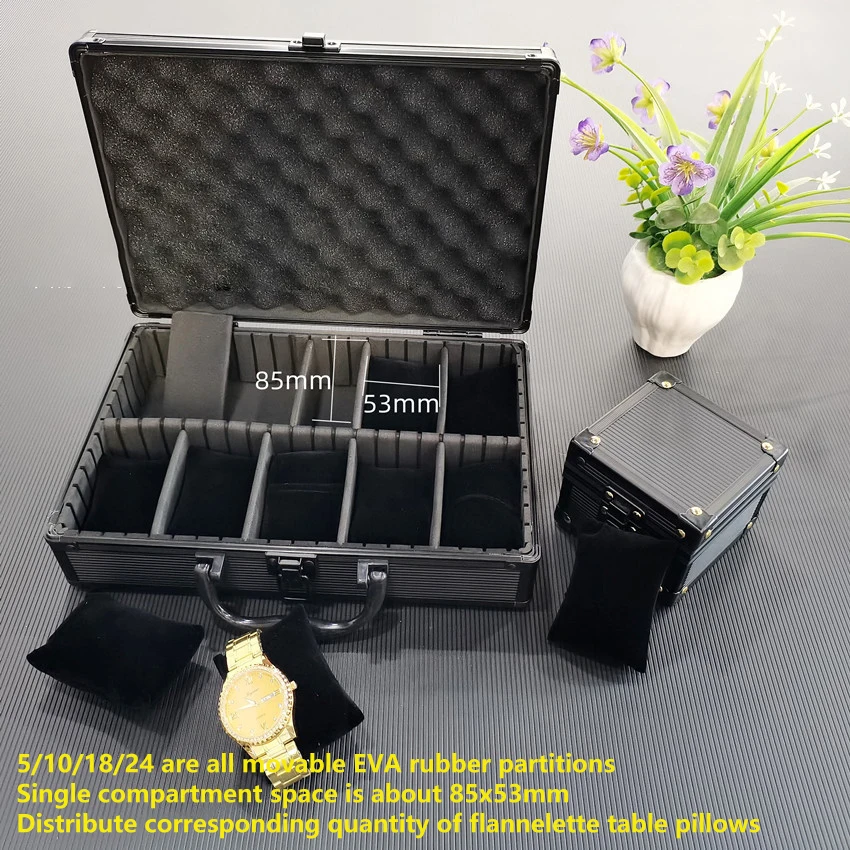 10-Slot Multi-Purpose Aluminum Alloy Watch Storage Case with Removable Internal Dividers, Protective Display Suitcase Organizer for Watches, Bracelets, Jewelry, Portable Travel Carrying and Home Storage 8