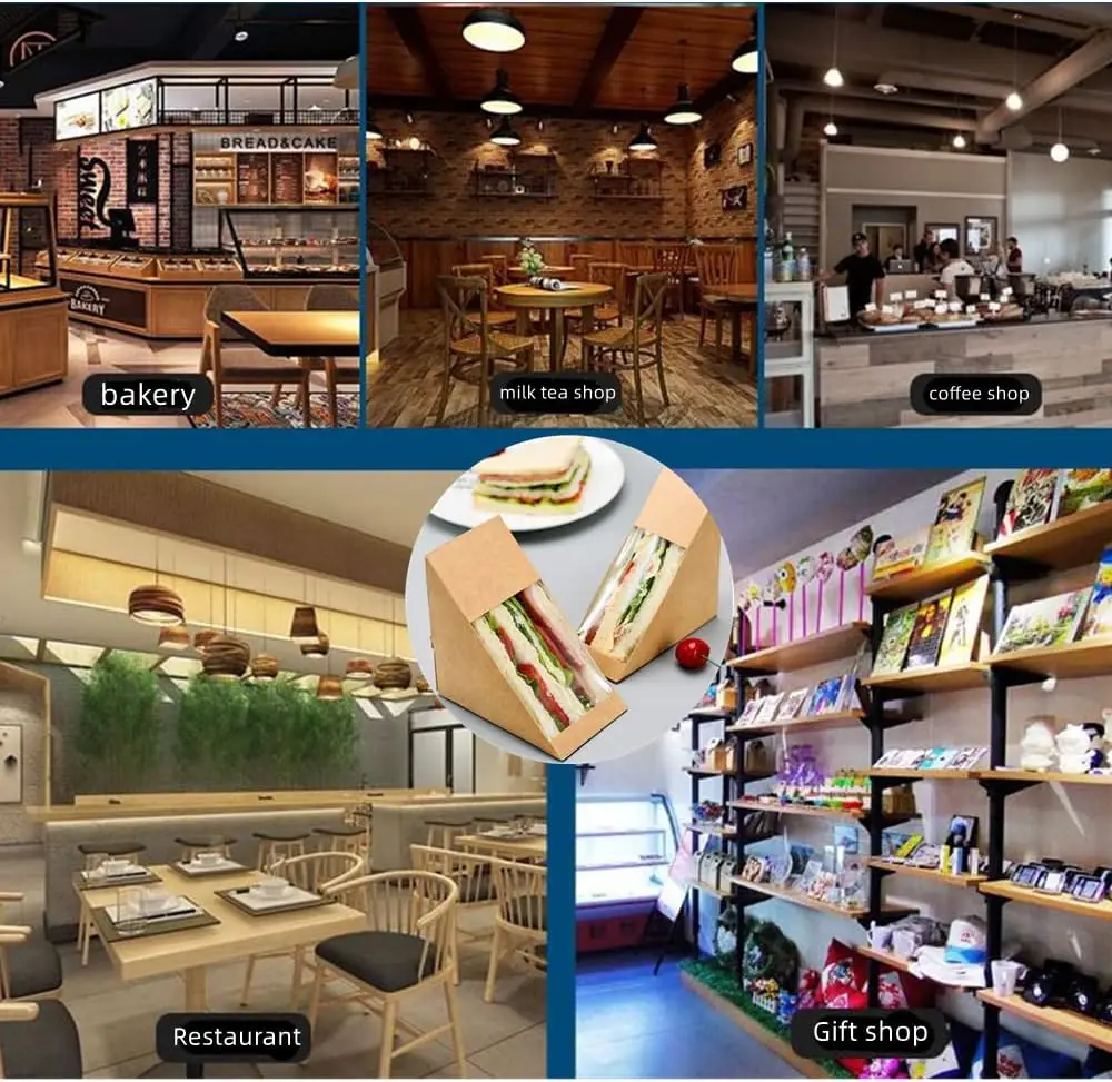 Kraft Paper Sandwich Boxes with Transparent Window, Disposable Charcuterie and Sushi Containers, Cake Slice Packaging for Bakery, Café Takeaway, Party Catering and Restaurant Food Service 7