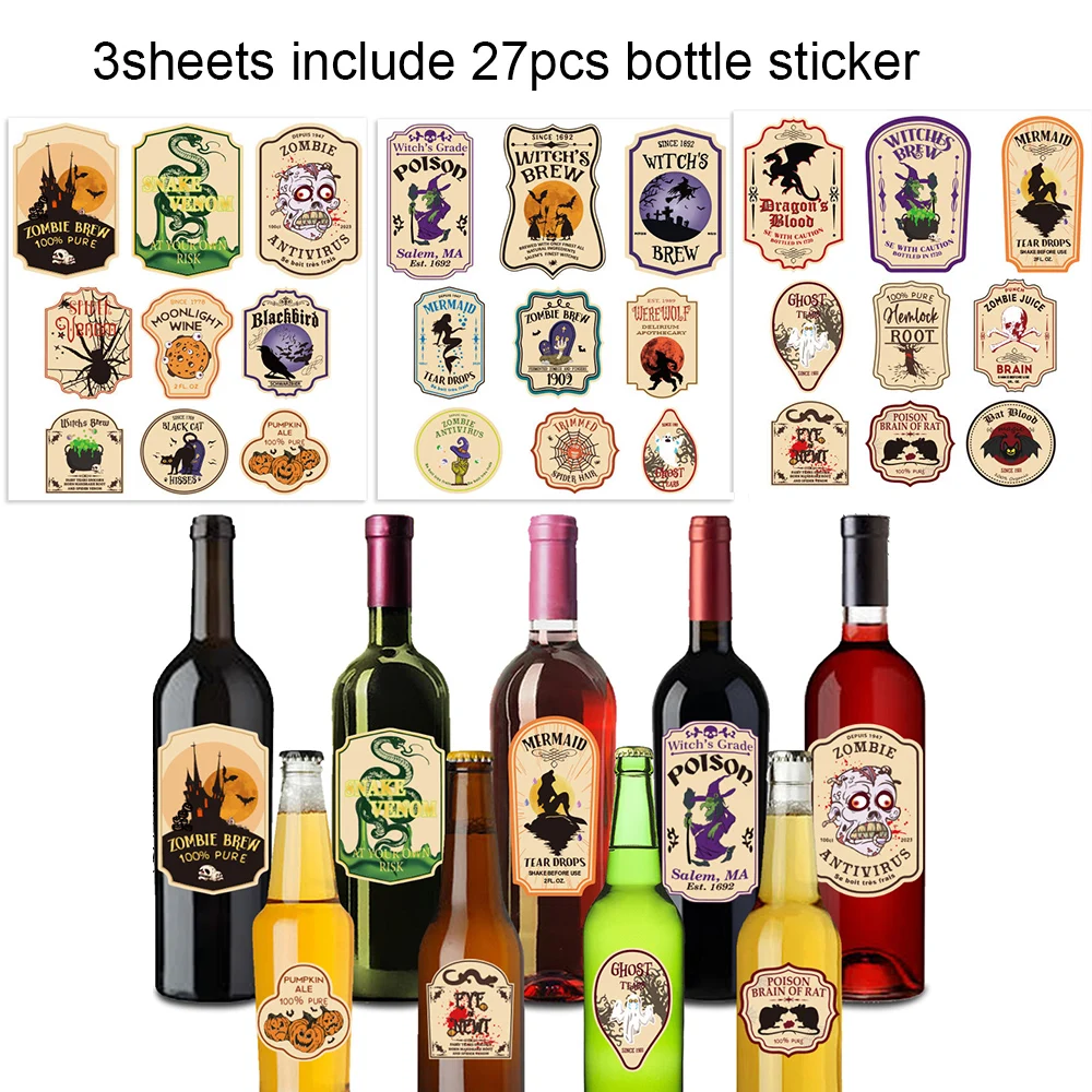 3-Pack Halloween Wine Bottle Stickers – Spooky Ghost-Themed Self-Adhesive Labels for Wine, Spirits, Glass Bottles, Party Favors, and Holiday Decoration - 图片 5