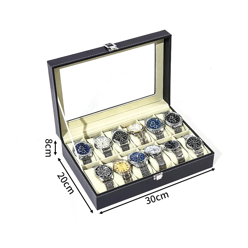 Eco-Friendly PU Leather Watch Box for Men and Women, Dust-Proof 10 Slot Watch Display Organizer with Lock and Glass Lid, Soft Velvet Interior, Multi-Functional Jewelry Storage Case for Rings, Bracelets & Accessories 12
