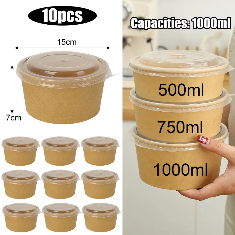 10-Pack Kraft Paper Salad Bowls with Lids Biodegradable Disposable Tableware for Meal Prep Takeout Bento Food Containers Eco-Friendly Portable 500ml 750ml 1000ml 16