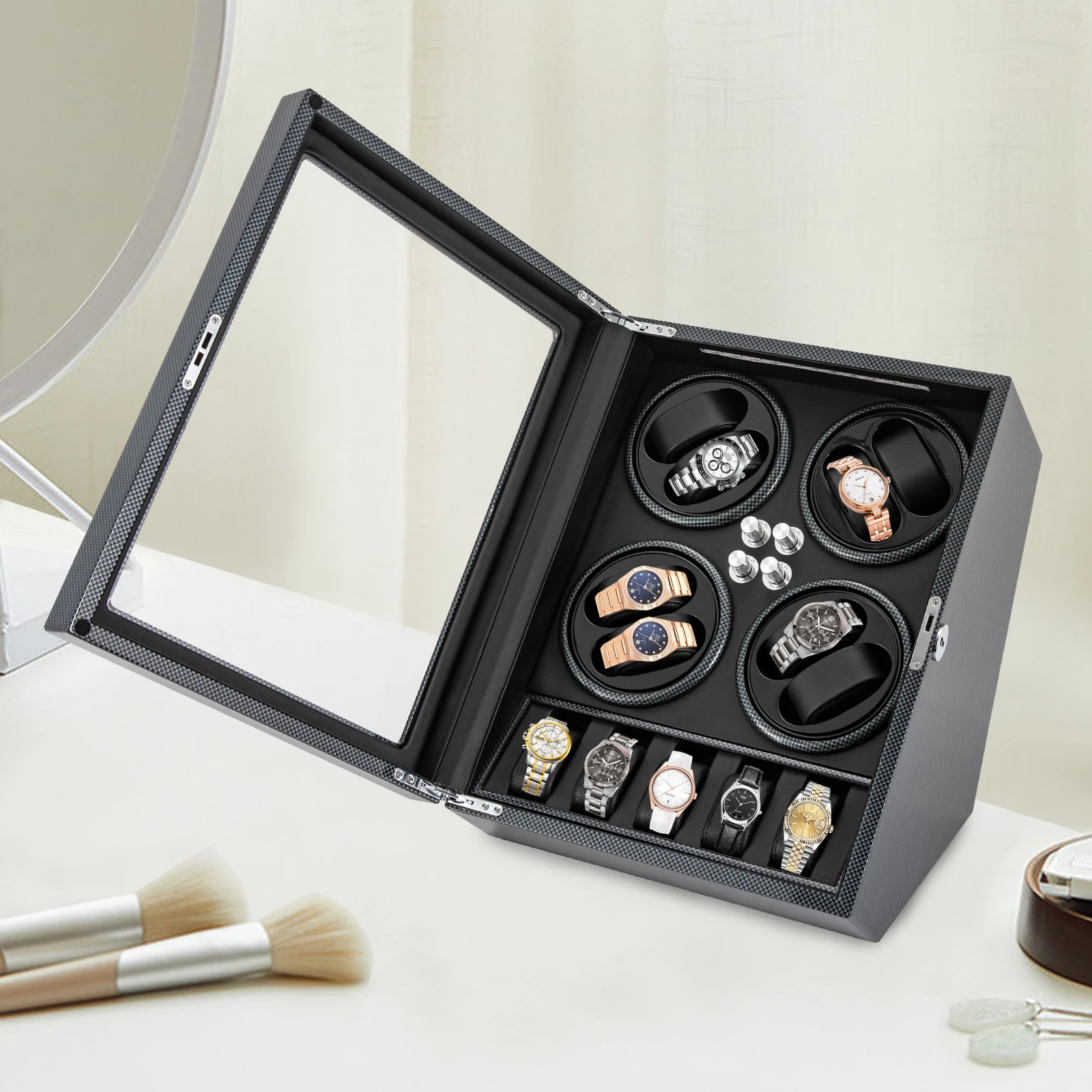 Automatic Watch Winder with Ultra-Quiet Motor and 6 Adjustable Modes, Elegant Carbon Fiber Display Case with Lock & Key, Soft PU Pillows for 8+5 Watches, LED Lighted Luxury Storage for Mechanical Watches - 图片 3