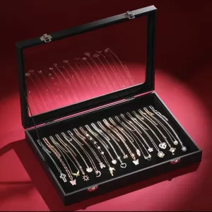 Elegant Black Pearl Jewelry Storage Box with Glass Lid – Long Necklace & Bracelet Organizer Case | Dustproof Display Holder for Beads, Chains & Accessories | Premium Velvet Interior, 21×12.3×5cm