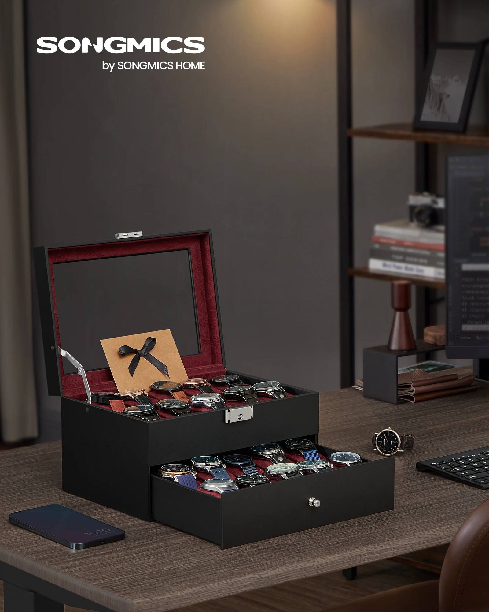 20-Slot Two-Layer Watch Box with Lockable Glass Lid, Velvet-Lined Watch Display Case, Removable Cushions, Medium Density Fiberboard & PU Storage Organizer for Watches and Jewelry, Elegant Home & Office Display - 图片 2