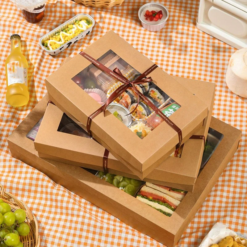 5Pcs Handmade Kraft Paper Gift Boxes With Transparent Window and Lid, Ideal for Sandwich, Salad, Fruit, Cake, Dessert, and Snack Packaging, Perfect for Picnic, Party, Wedding, and Birthday Food Presentation 5