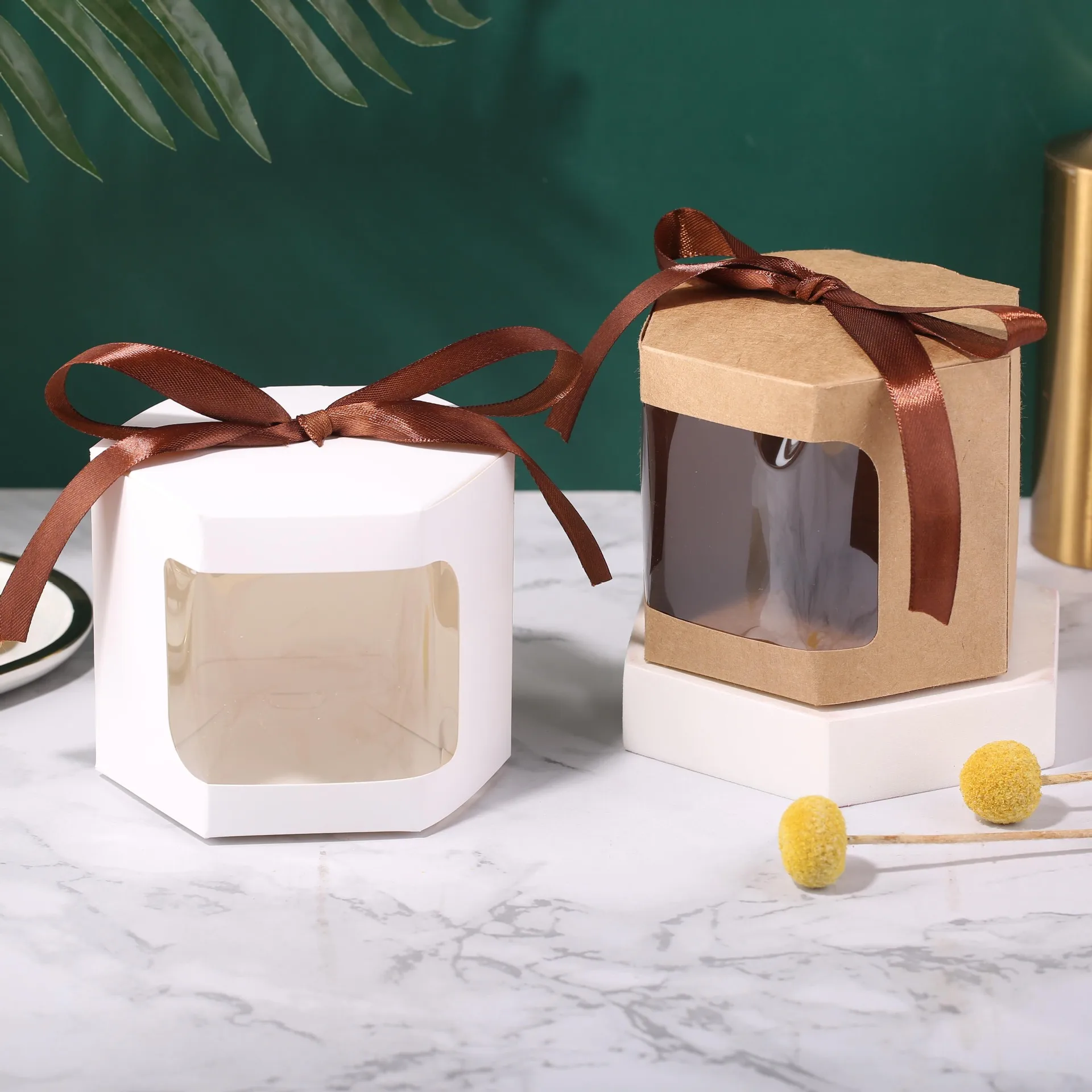 5Pcs Hexagon Kraft Paper Gift Boxes with Transparent Window, Brown and White Dessert Packaging Containers for Baking, Wedding Favors, Candy, Chocolates, and Party Gift Presentation - 图片 2