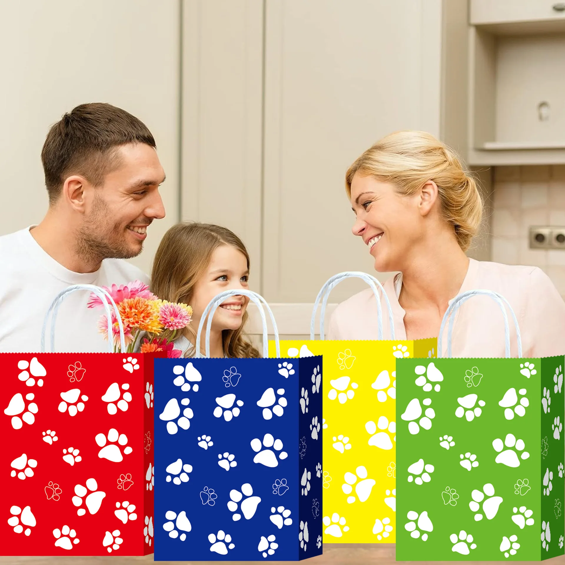 5 or 100pcs Dog Gift Bags 6.3×3.1×8.6inch Puppy Paw Print Kraft Paper Bags Multi-Color White Blue Yellow Green Red for Pet Party Birthday Favor Supplies - 图片 3