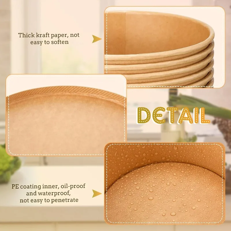10-Pack Kraft Paper Salad Bowls with Lids Biodegradable Disposable Tableware for Meal Prep Takeout Bento Food Containers Eco-Friendly Portable 500ml 750ml 1000ml 12