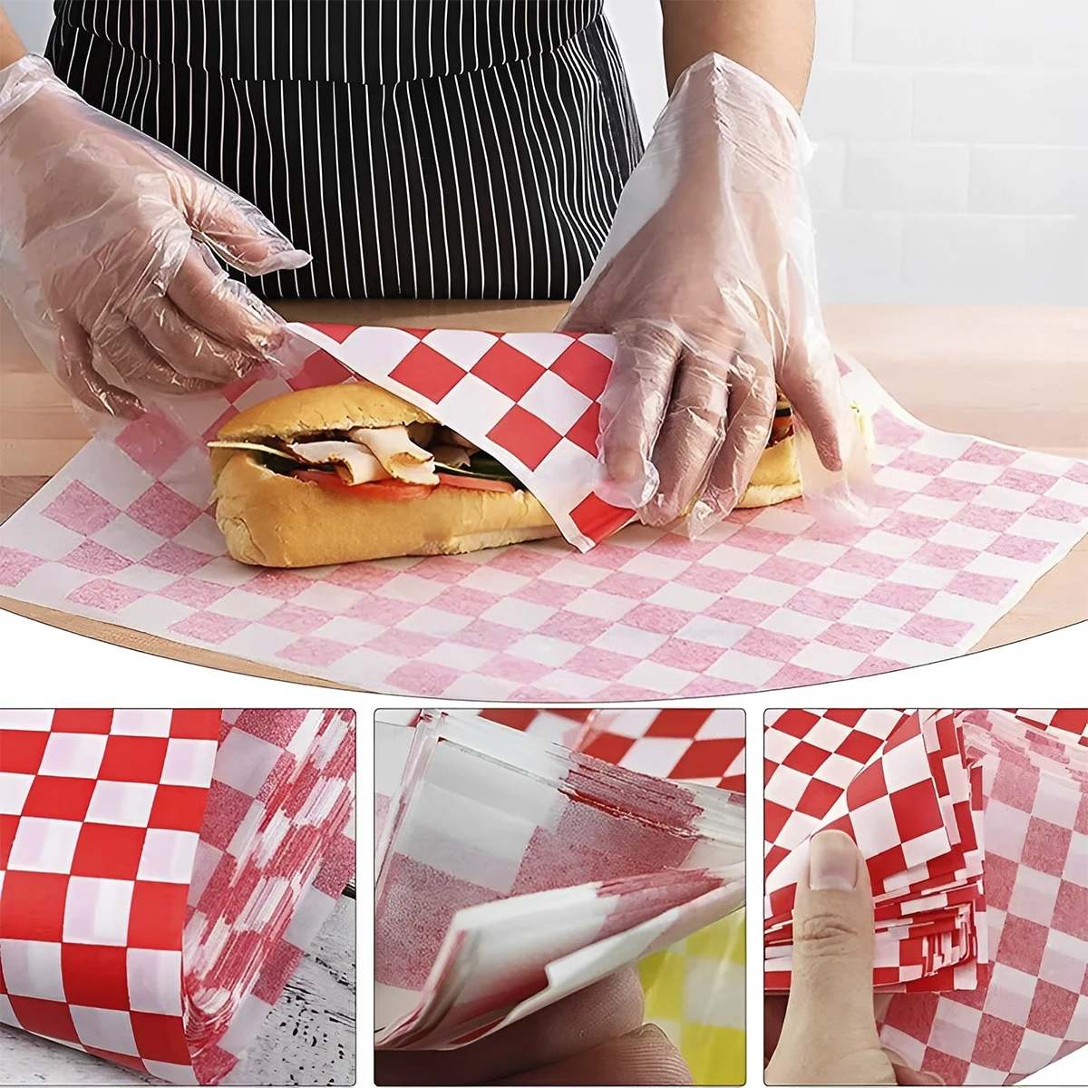 400-Pack Food-Grade Greaseproof Paper Sheets for Sandwiches, Burgers, Fries, & Snacks, Checkered Design, Microwave & Freezer Safe, Bulk Disposable Liners for Catering, Party, Restaurant Use