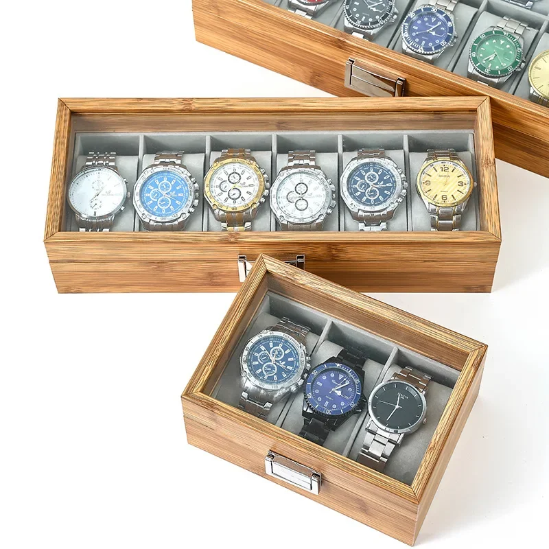 Handcrafted Bamboo Watch Organizer Display Box, 3/6/10/12 Slots Timepiece Storage Case for Men & Women, Elegant Festive Gift Presentation, Eco-Friendly Bamboo Material, Protective Clock Grid Compartments, Luxury Wooden Display Case for Watches and Bracelets 5