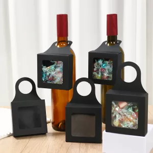 10pcs Kraft Paper Wine Gift Packaging Boxes with Window – Folding Hanging Candy, Biscuit, and Cookie Boxes, Reusable Black/White Cardboard Paper Packaging for Gifts and Parties